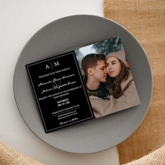 Invitation Photo simple et Mariage noir Monogram (Black Simple Photo and Monogram Wedding Invitation)
