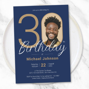 Invitation Photo simple Marine Blue Gold Hommes 30e anniversa