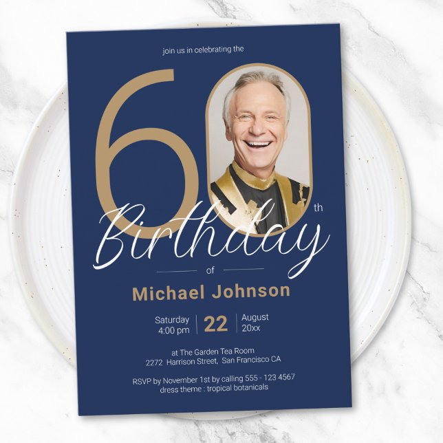 Invitation Photo simple personnalisée Marine bleu 60e anniver (Simple Custom Photo Navy Blue 60th Birthday Invitation)