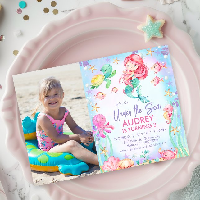 Invitation Photo Sirène rouge sous la mer 1er anniversaire (Editable Under The Sea Birthday Invitation Template, Summer Ocean Themed Birthday Invitation Girl)