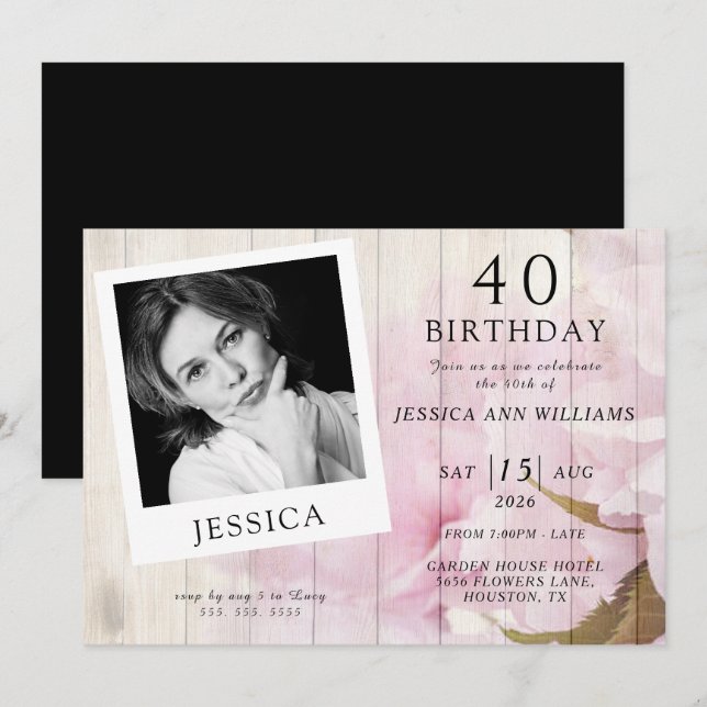 Invitation Photo Sophistiquée Classique Anniversaire féminin (Devant / Derrière)