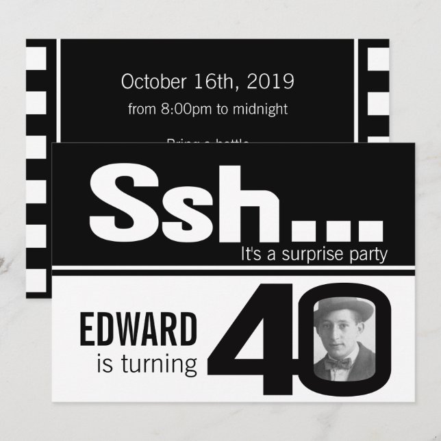 Invitation Photo ssh hommes noir blanc 40e anniversaire invit (Devant / Derrière)