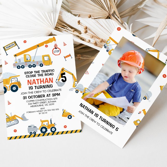 Invitation Photo Stop the Traffic Construction Anniversaire (Stop the traffic, construction themed any age birthday invitation with photo on the back.)