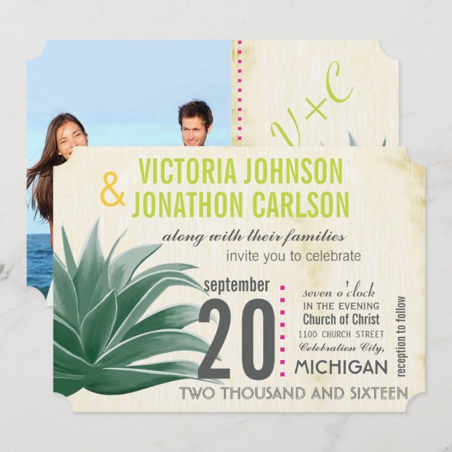 Invitation Photo Succulente Aloe Pink Lime Hydrangea Mariage (Devant / Derrière)