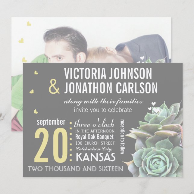 Invitation Photo Succulente jaune et gris sur Mariage arrière (Devant / Derrière)