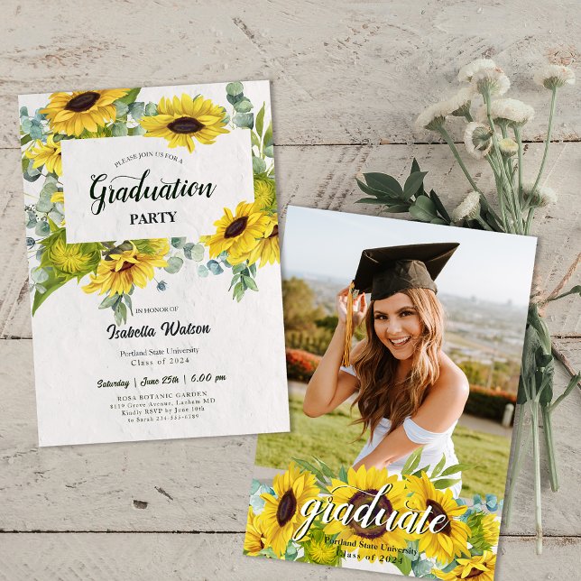 Invitation Photo Sunflower Script Graduation Party (Photo Sunflower Script Graduation Party Invitation)