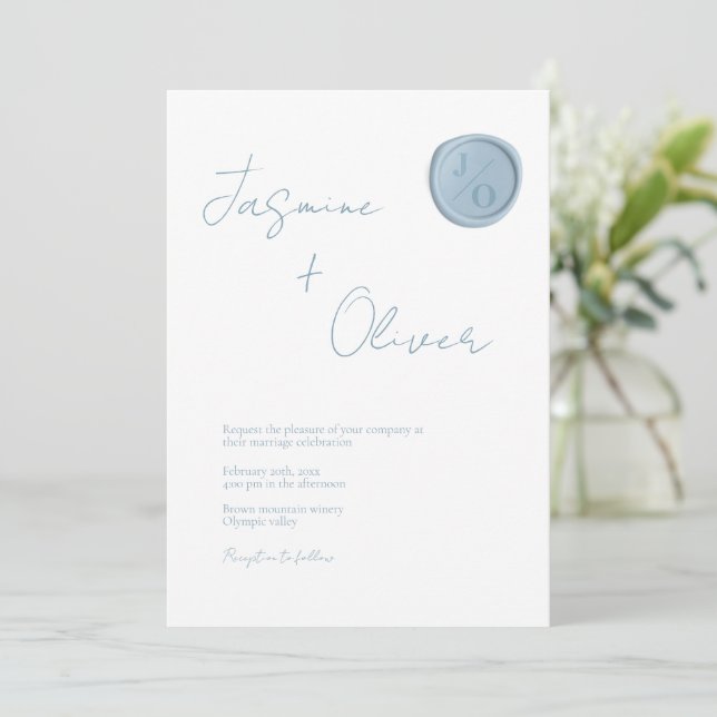 Invitation photo sur mesure sceau de cire bleu poussiéreux ét (Debout devant)