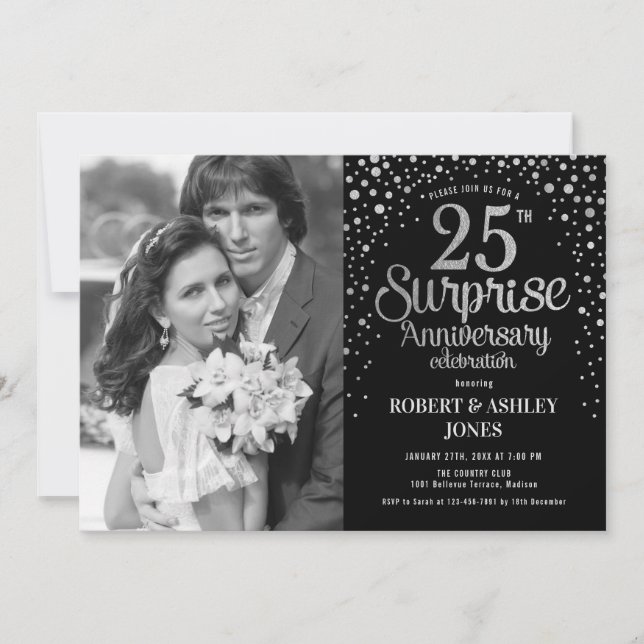 Invitation Photo Surprise 25e anniversaire - Argent noir (Devant)