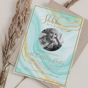Invitation Photo SURPRISE 50e Anniversaire Marbre Turquoise