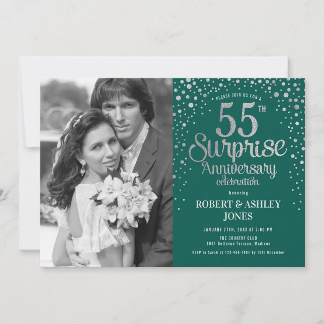 Invitation Photo Surprise 55e anniversaire - Argent vert (Devant)