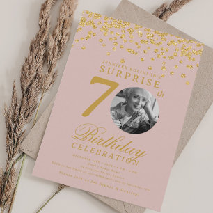 Invitation Photo SURPRISE 70 Anniversaire Blush Confettis Dor