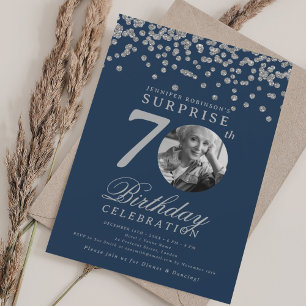 Invitation Photo SURPRISE 70e Anniversaire Argent Bleu Marine