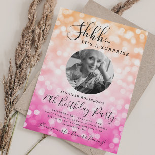 Invitation Photo SURPRISE 70e Anniversaire Ombre Rose Bokeh