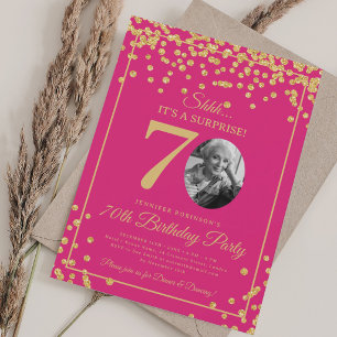 Invitation Photo SURPRISE 70e Anniversaire Paillettes Rose Ch