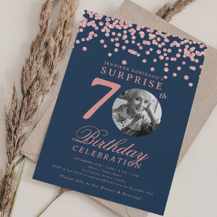 Invitation Photo SURPRISE 70e Anniversaire Rose Gold Bleu Mar