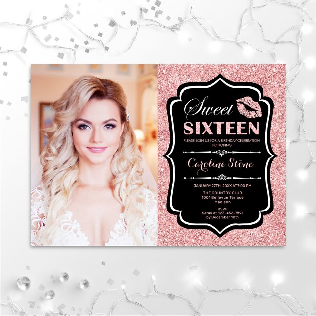 Invitation Photo Sweet 16 Anniversaire - Kiss Rose Gold Black (Créateur téléchargé)