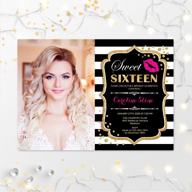 Invitation Photo Sweet 16 Anniversaire - Pink Kiss Gold Noir (Créateur téléchargé)