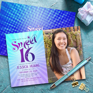 Invitation Photo Sweet 16 Groovy Dégradé Bleu Violet Rétro