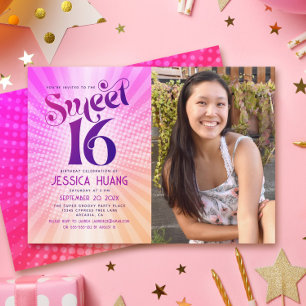 Invitation Photo Sweet 16 Groovy Rose Orange Dégradé Rétro