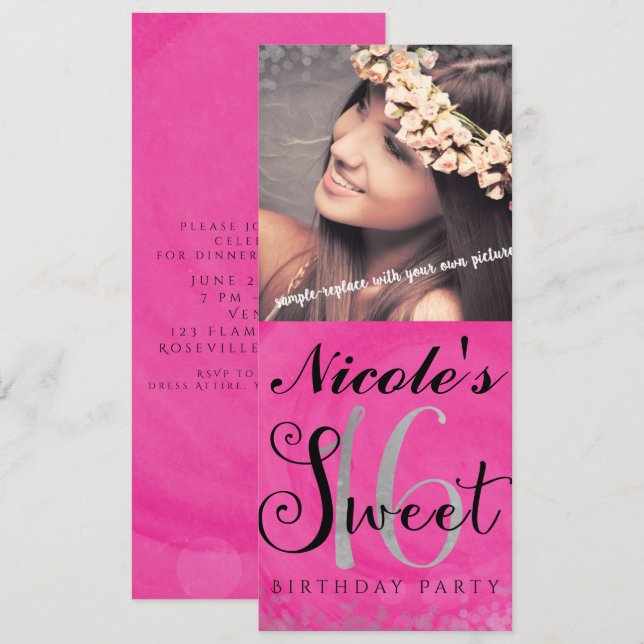 Invitation photo Sweet 16 rose argent et noir (Devant / Derrière)