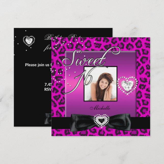 Invitation Photo Sweet 16 Sweet sixteen rose Léopard noir (Devant / Derrière)