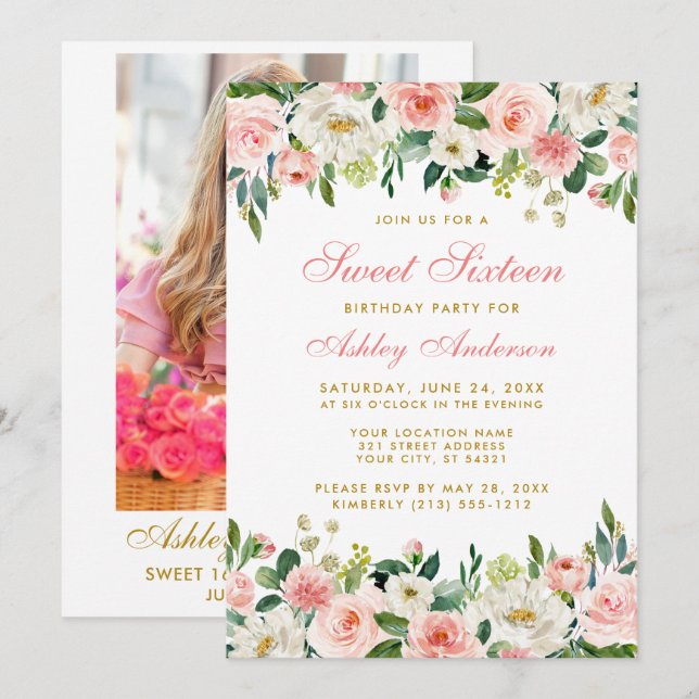 Invitation Photo sweet sixteen rose bleu flou or (Devant / Derrière)