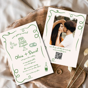 Invitation Photo tirée à la main QR Code Mariage capricieux