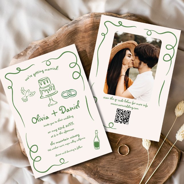 Invitation Photo tirée à la main QR Code Mariage capricieux (Créateur téléchargé)