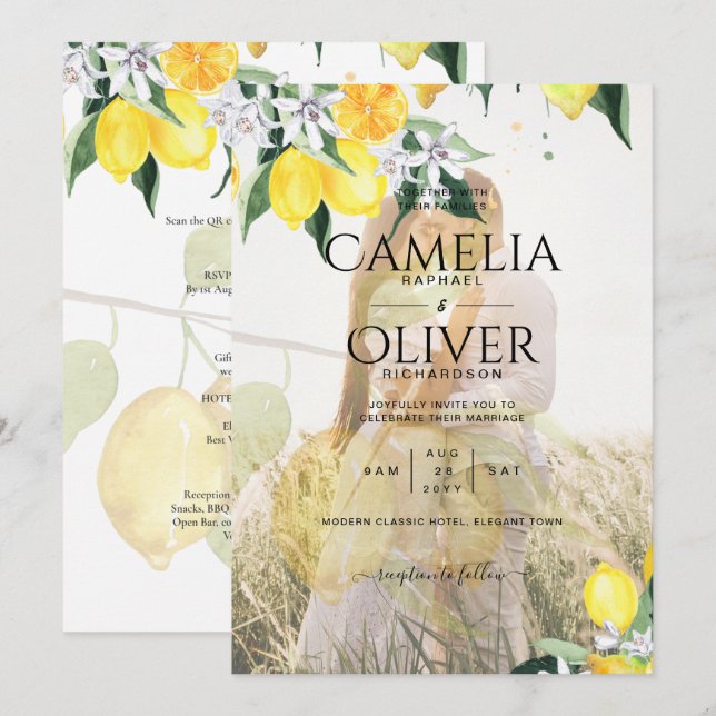 Invitation PHOTO TOUT-EN-1 OVERLAY Mariage de citrons Inviter (Devant / Derrière)