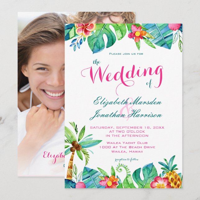 Invitation Photo Tropical Beach rose Turquoise Floral Mariage (Devant / Derrière)