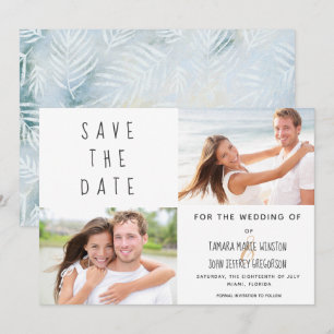 Invitation Photo Tropical Palm Feuilles Bleu Sauvez La Date