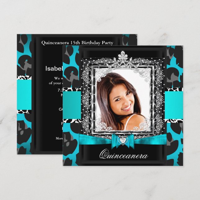 Invitation Photo turquoise Blue Quinceanera 15ème Parti (Devant / Derrière)