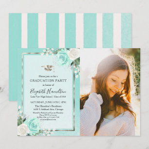 Invitation Photo turquoise & Foil Silver Floral Graduation Pa