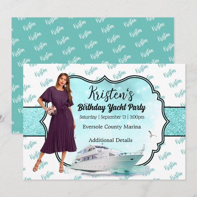 Invitation Photo Turquoise Gold Yacht Party Anniversaire (Devant / Derrière)