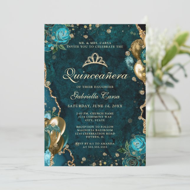 Invitation Photo Turquoise or Floral Agate Quinceanera (Debout devant)