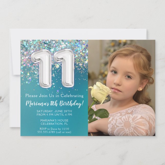 Invitation Photo Turquoise Parties scintillant d'argent 11e a (Devant)
