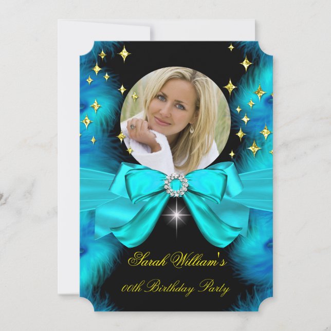 Invitation Photo Turquoise Plumes Bleues Bow Gold Anniversair (Devant)