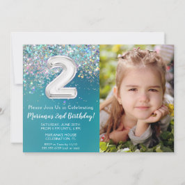 Invitation Photo Turquoise Silver Parties scintillant 2e anni
