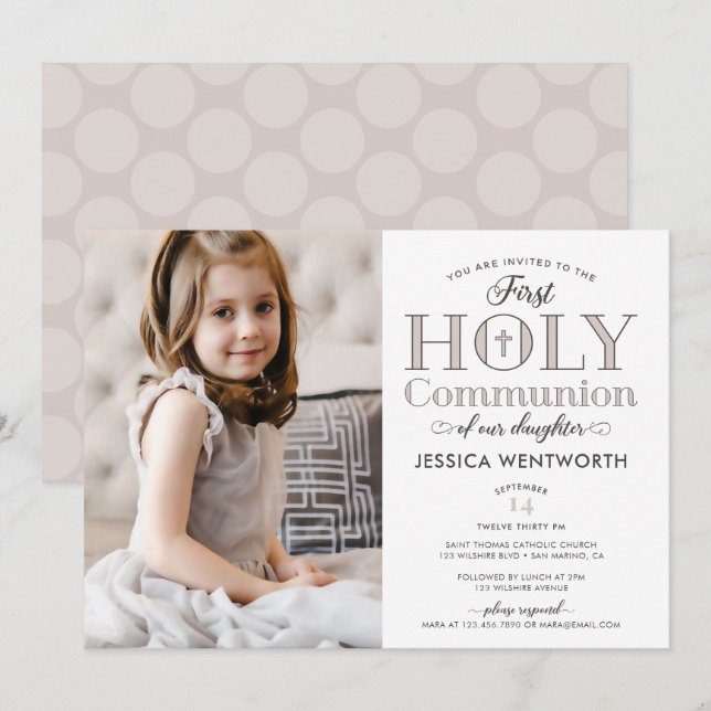 Invitation Photo typographique Première Fille de la Communion (Devant / Derrière)