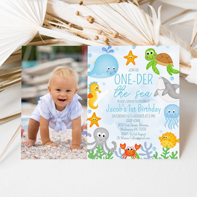 Invitation Photo Under the Sea One-der The Sea Premier annive (Cute one-der the sea boys first birthday invitation featuring various cute sea creatures and seaweed)