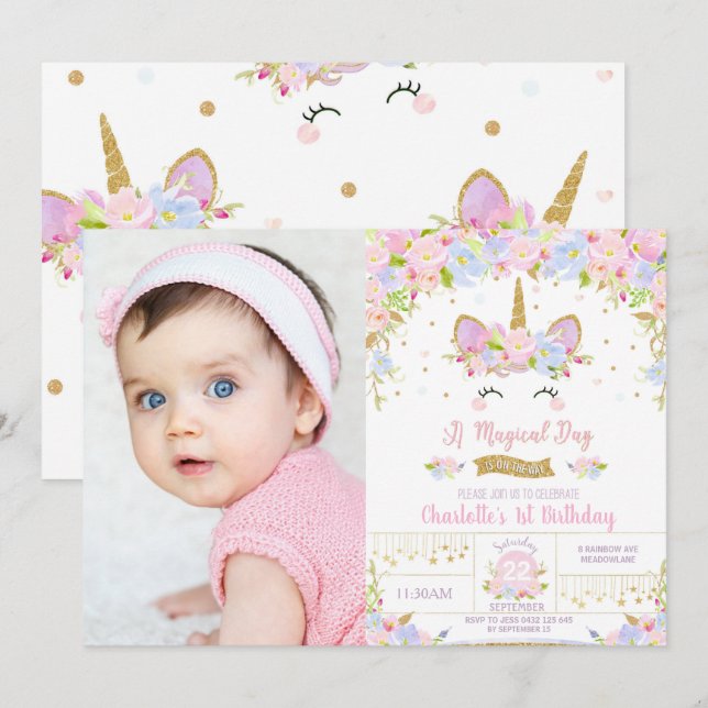 Invitation Photo Unicorn Birthday Cute Floral Girls (Devant / Derrière)