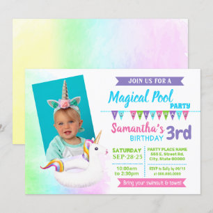 Invitation Photo Unicorn pool fête d'anniversaire d'été