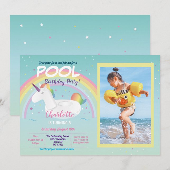 Invitation Photo Unicorn Pool Party Anniversaire Rainbow Floa (Devant / Derrière)