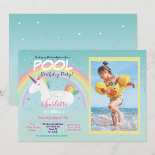 Invitation Photo Unicorn Pool Party Anniversaire Rainbow Floa