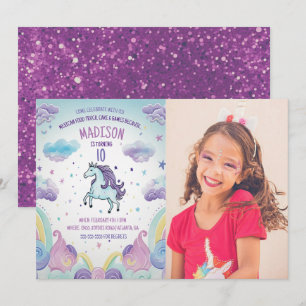 Invitation Photo Unicorne bleu et violet fête d'anniversaire