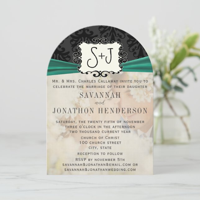 Invitation Photo Vintage Damask Emerald Green Mariage noir (Debout devant)