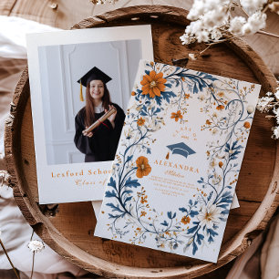 Invitation Photo Vintage Marine Orange Floral Graduation