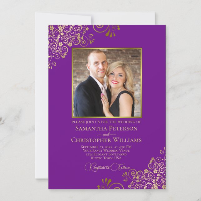 Invitation Photo violet et or et code QR Mariage fantaisie (Devant)
