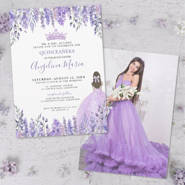 Invitation Photo violette Floral Quinceañera (Purple Lavender Photo Floral Quinceañera Invitation)