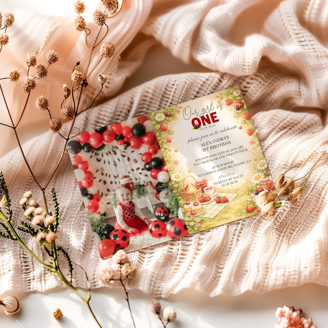 Invitation Photo Whimsical Meadow Lady Bug 1st Birthday (Créateur téléchargé)
